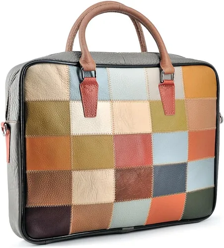 Miniatura 8 de Top Grain Leather Laptop Bag Handbag Multicolor Patchwork Laptop Messenger Crossbody Shoulder Bags for Men and Women