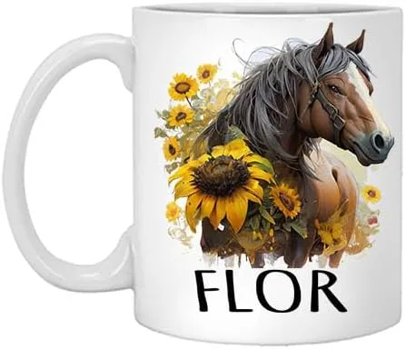 Horse Sunflower Personalized Coffee Mug, Custom Watercolor Mug with Name, Gift for Her, Birthday Gift Name Flor 11oz White Mug Name Mug for Who Love