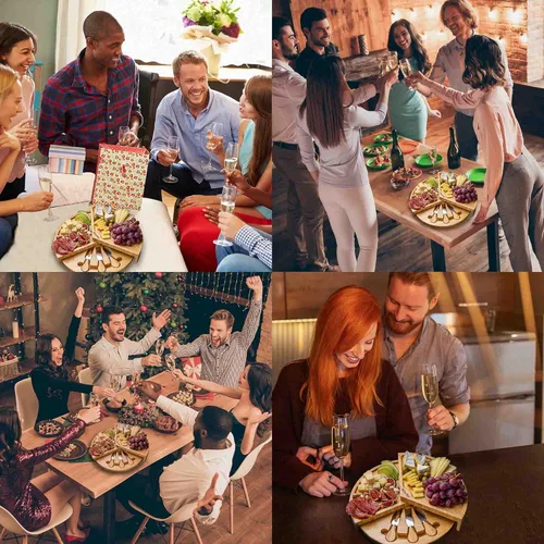 Miniatura 3 de Juego de tabla de queso de bambú y cuchillos, tabla redonda de charcutería de 14 pulgadas, bandeja para servir, plato, juego de tablas de queso