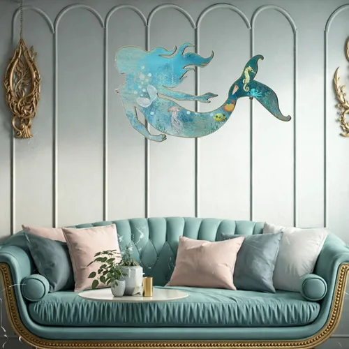 Miniatura 5 de Demissle Arte de pared de sirena de metal, decoración de pared de sirena colgante rústica, azul, elegante, escultura decorativa para habitación