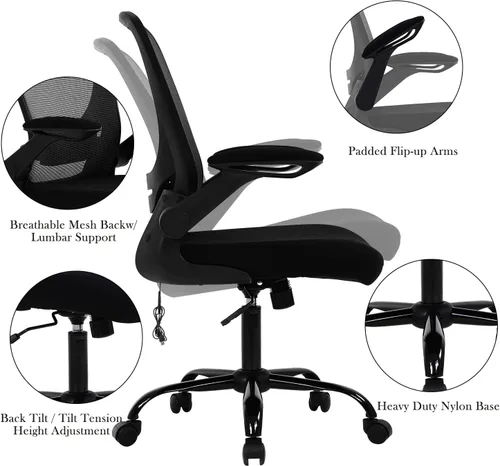 Miniatura 7 de Silla de oficina en casa, silla de escritorio ergonómica, silla de computadora de malla con brazos abatibles, altura ajustable, respaldo medio