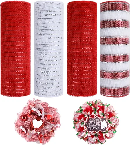 Miniatura 14 de 4 rollos de cinta de malla decorativa de otoño para suministros de fabricación de coronas, 10 pulgadas x 30 pies, cinta metálica de papel