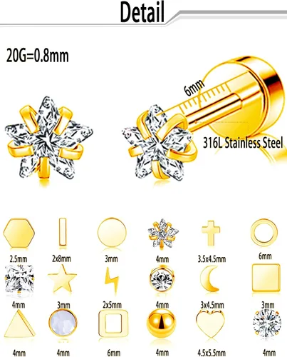 Miniatura 2 de Ofeiyaa Juego de 18 aretes de tuerca pequeños de acero inoxidable con forma de corazón, cruz geométrica, estrella, triángulo, luna, bola de disco
