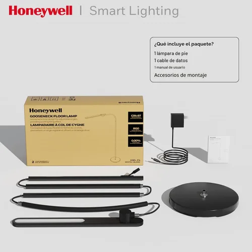 Miniatura 7 de Lámpara de pie LED Honeywell, lámparas de pie F4 Sunturalux™ de cuello de ganso para sala de estar, lámpara de pie alta regulable sin escalones Negro