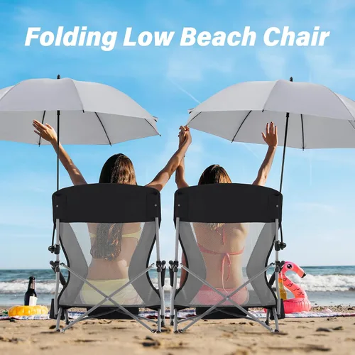 Miniatura 6 de Homcosan Silla de playa portátil baja plegable con paraguas desmontable, silla de campamento ligera para adultos con portavasos y bolsillo