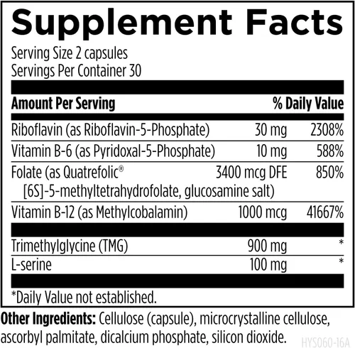Miniatura 4 de Designs for Health Homocisteine Supreme - Vitaminas B metiladas con riboflavina, B6, B12, folato, L-serina y TMG para apoyo cerebral y salud