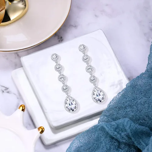 Miniatura 5 de BriLove Pendientes de mujer elegantes para boda con cristales, cuentas y diseño de lágrima colgante