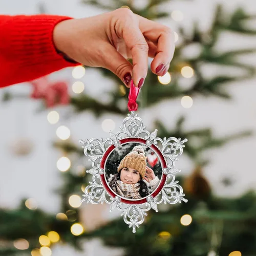 Miniatura 6 de West style Adorno de copo de nieve con marco de fotos para árbol de Navidad Adornos de árbol de Navidad colgantes metálicos Adorno colgante