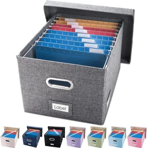 Miniatura 28 de PRANDOM Caja Organizadora de Archivos - Juego de 2 Cajas Plegables Decorativas de Lino para Almacenamiento de Archivos Colgantes con Tapas para Gris