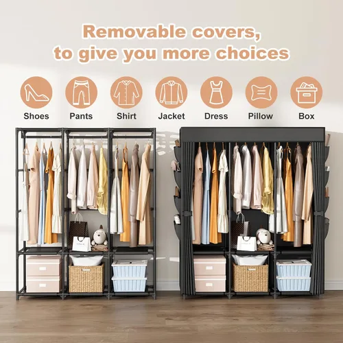 Miniatura 7 de Armario portátil para colgar ropa, perchero de gran capacidad con tapa, 3 varillas para colgar, 6 estantes y 8 bolsillos, armario fuerte y estable