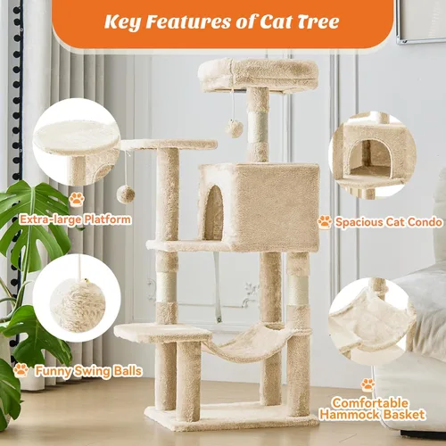 Miniatura 3 de DUMOS Torre pequeña de árbol para gatos de 44 pulgadas, torre de escalada para gatos con postes rascadores de sisal natural, hamaca, condominio