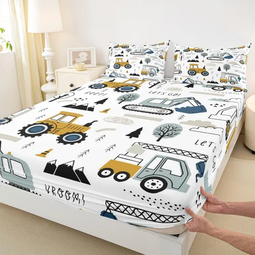 Miniatura 4 de Juego de sábanas bajeras para niños, diseño de caricaturas, equipamiento de decoración, camiones, juego de ropa de cama de dibujos animados, Multi 25