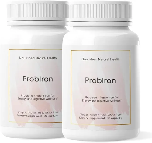 Nourished Natural Health ProbIron - Suplemento probiótico + hierro para mujer potenciado con vitamina C y cobre, fórmula vegana para energía y