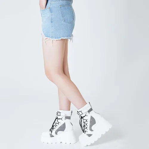 Miniatura 7 de Tscoyuki Botines de plataforma para mujer, botines de tacón alto gruesos, botas de combate góticas, botas de combate para mujer, con cordones, cuñas