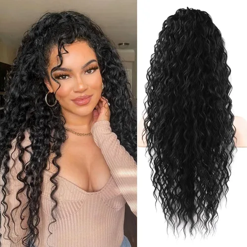 Miniatura 10 de Flufymooz Extensión de cola de caballo, 26 pulgadas, estilo bohemio, con cordón, extensiones de cabello para mujer, cola de caballo larga, rizada