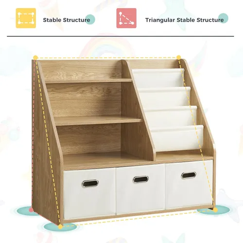 Miniatura 4 de Marcytop Montessori - Estantería y organizador de almacenamiento de juguetes, estantería de madera 3 en 1 con 3 contenedores de tela para juguetes
