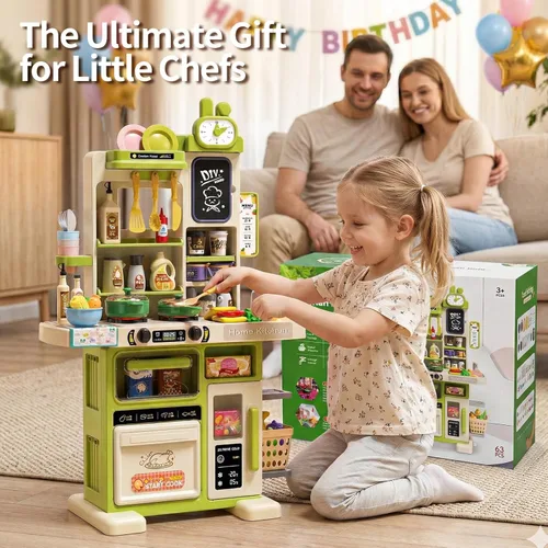 Miniatura 8 de Juego de cocina para niños de 33.8 pulgadas - 70 piezas con sonido y luz - Estufa de cocina con vapor, fregadero de juego y accesorios de cocina