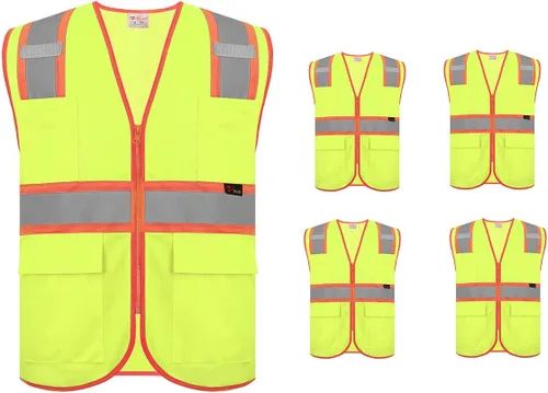 Miniatura 6 de zojo Chalecos de seguridad de alta visibilidad con cremallera y bolsillos, 5 paquetes, chaleco reflectante al por mayor para trabajos al aire libre