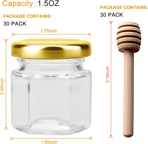 Miniatura 2 de Paquete de 30 mini tarros de miel de 1.5 onzas, mini tarros hexagonales de miel de vidrio con tapas doradas, pequeño tarro de miel con cuchara