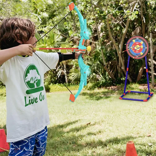 Miniatura 7 de Paquete de 2 conjuntos de arco y flecha para niños, conjunto de tiro con arco con luces con 14 flechas de ventosa, objetivos de tiro con arco