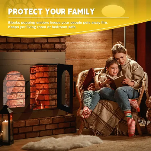 Miniatura 7 de TOCRETOARE Puerta de chimenea, puertas de lugares de fuego con pantalla y decoración de vidrio, protector de malla de hierro para chimeneas
