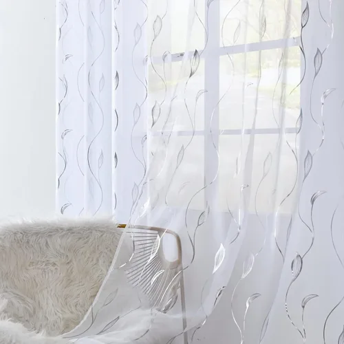 Miniatura 23 de Youleyar - 2 paneles de cortinas de gasa con estampado de lámina dorada, con ojales en la parte superior, para ventana, de 63 pulgadas de largo