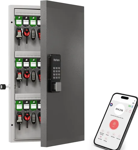 WeHere Caja de bloqueo inteligente de 48 teclas para montaje en pared, gabinete de llaves comercial con aplicación, teclado, Bluetooth y desbloqueo