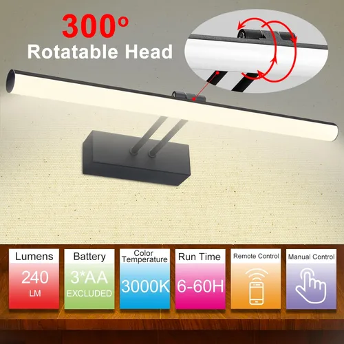 Miniatura 2 de Luz para Cuadros, Luz para Cuadros de 16" con Batería AA, Luz para Marco de Cuadros de Metal Completo, Luces Inalámbricas para Cuadros con Control
