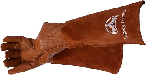 Miniatura 7 de Guantes de jardinería de cuero para mujeres y hombres, guantes largos de jardín, guanteletes de cuero de vaca para poda de rosas resistentes a Marrón