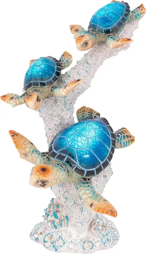 Estatua de tortuga marina triples nadando sobre base de arrecife de coral, figura de polystone inspirada en el océano para decoración del hogar Azul