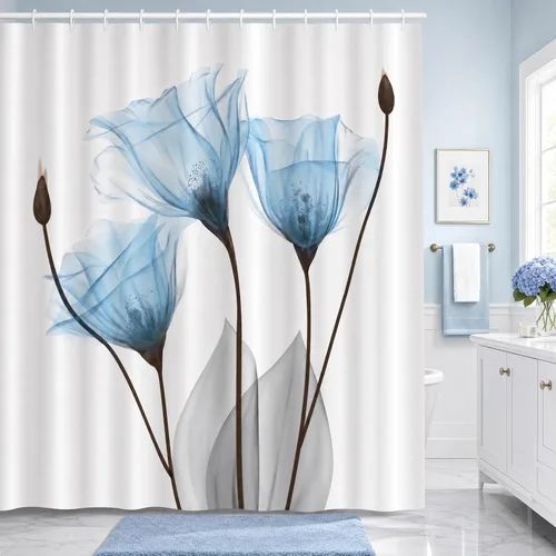 Blue Floral Shower Curtain Watercolor Tulip Flower Botanical Modern Aesthetic X-ray Floral Elegant Bathroom Curtain Decor Waterproof Fabric Bath