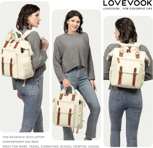 Miniatura 2 de Mochila para computadora portátil para mujer, mochila de viaje para trabajo, viajes y viajes, bolsas escolares universitarias, Beige-Marrón, 17,3