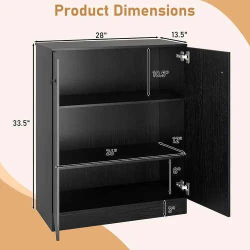 Miniatura 3 de LOKO Armario de almacenamiento de 2 puertas, armario de piso moderno con estante de 3 niveles, gabinete lateral independiente con dispositivo Negro