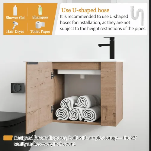 Miniatura 4 de Malwee Tocador de baño flotante de 22 pulgadas con lavabo, Tocador de baño de lavabo individual de 22 pulgadas montado en la pared, con 1 puerta