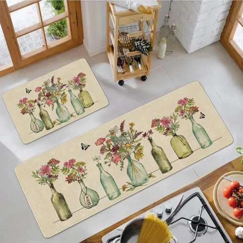 Miniatura 4 de Juego de 2 tapetes y tapetes de cocina con diseño floral de primavera, diseño floral de acuarela para piso, decoración de fregadero de cocina