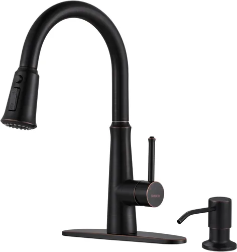 Miniatura 8 de WOWOW Grifos de cocina negro mate con rociador extraíble, grifo de fregadero de cocina de acero inoxidable para fregaderos de 1 o 3 agujeros, grifo