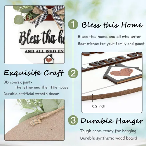 Miniatura 3 de TOARTi Letrero 3D de madera "Bless This Home" para colgar en la puerta, señal de bienvenida para porche y pared con lazo-nudo y guirnalda, señal