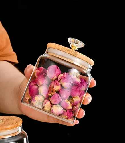 Miniatura 2 de 123Arts Recipiente de vidrio para almacenamiento de alimentos Tarro de especias de plato de caramelo con tapa de madera Mediano