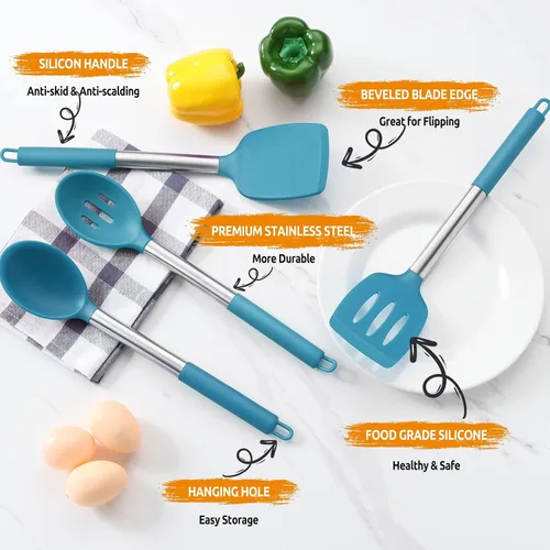 Miniatura 4 de Juego de utensilios de cocina de 4 piezas, E-far utensilios de cocina de silicona para utensilios de cocina antiadherentes, espátula ranurada Azul