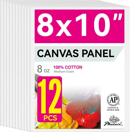 Miniatura 30 de PHOENIX - Juego de 12 paneles de lienzo de algodón con triple imprimación para pintura al óleo y acrílica Blanco