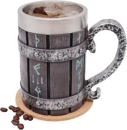 Miniatura 6 de Jarra de barril de madera Stein Tankard, Taza de acero inoxidable con asa, decoración nórdica vikinga mitológica poética gótica para fiestas