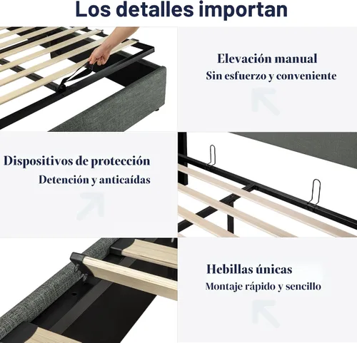 Miniatura 6 de Allewie Cama de almacenamiento elevable tamaño Queen, cabecera moderna con respaldo alado, soporte hidráulico, no necesita somier, gris oscuro