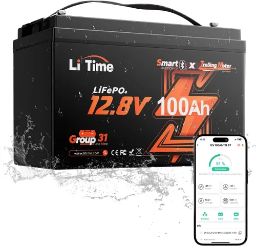 Litime Batería LiFePO4 para Motores de Pesca por Curricán de 12V 100Ah (Grupo 31), Baterías de Litio Bluetooth de 12 Voltios, Máx. 15000 Ciclos