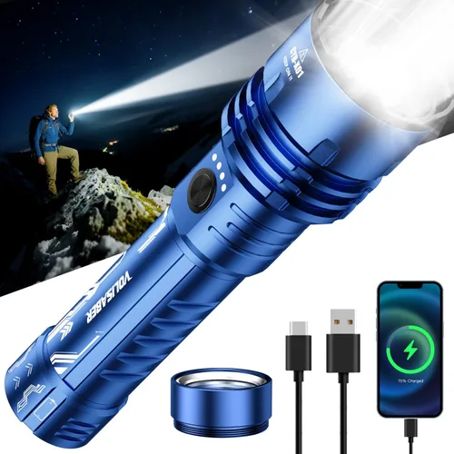Miniatura 11 de Linterna de 2000 lúmenes de alta luminosidad con lente de encendido, linterna LED recargable superbrillante con zoom, 5 modos, impermeable, linterna