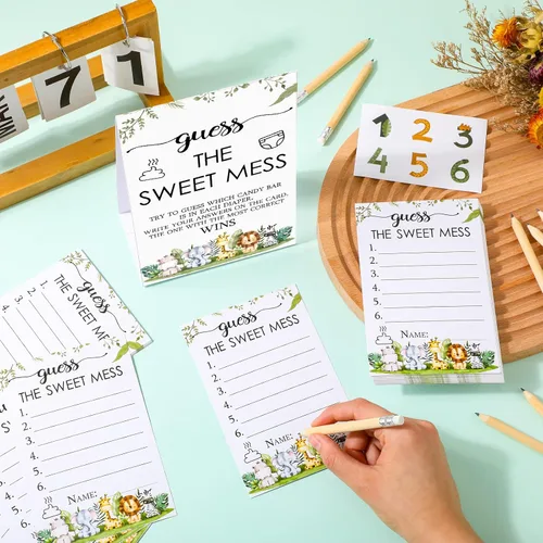 Miniatura 4 de Juego de 67 piezas de pañales sucios de Guess The Sweet Mess para baby shower, incluye letrero de Adivina el dulce lío, 50 tarjetas pequeñas, 10