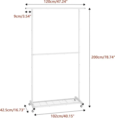 Miniatura 3 de Sywhitta Perchero de ropa de doble barra, colgador de abrigos rodante con malla inferior, perchero para colgar ropa, abrigos, faldas, suéteres