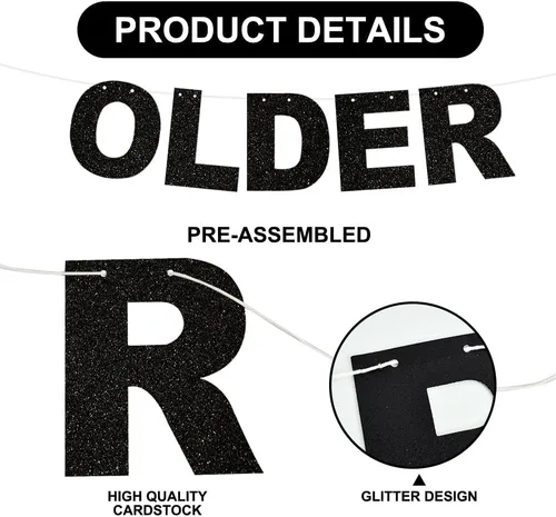 Miniatura 3 de BEISHIDA Cartel negro con purpurina Older Wiser Hotter – No DIY – Cartel de cumpleaños pre-encordado para mujeres 40, 50, 60, 70, 80, divertido