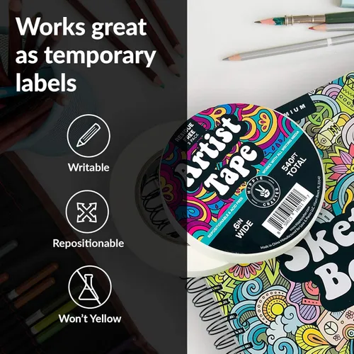 Miniatura 6 de HIPPIE CRAFTER Paquete de 3 cintas blancas para artistas, cinta adhesiva extraíble para papel de acuarela, pintura, dibujo, marco de lienzo, sin