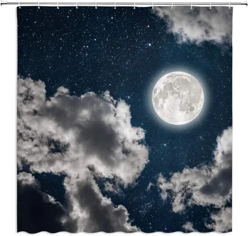 Miniatura 7 de AMFD Cortina de ducha con luna increíble, hermosa fantasía, cielo estrellado, luna brillante, azul, azul marino, negro, cortinas de baño, decoración