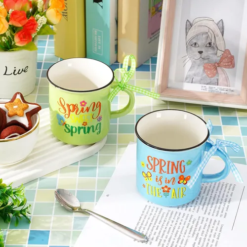 Miniatura 5 de Whaline 4 mini tazas de café de primavera con cinta a cuadros, diseño de flores de dibujos animados, mariposa, mini taza para beber, bandeja